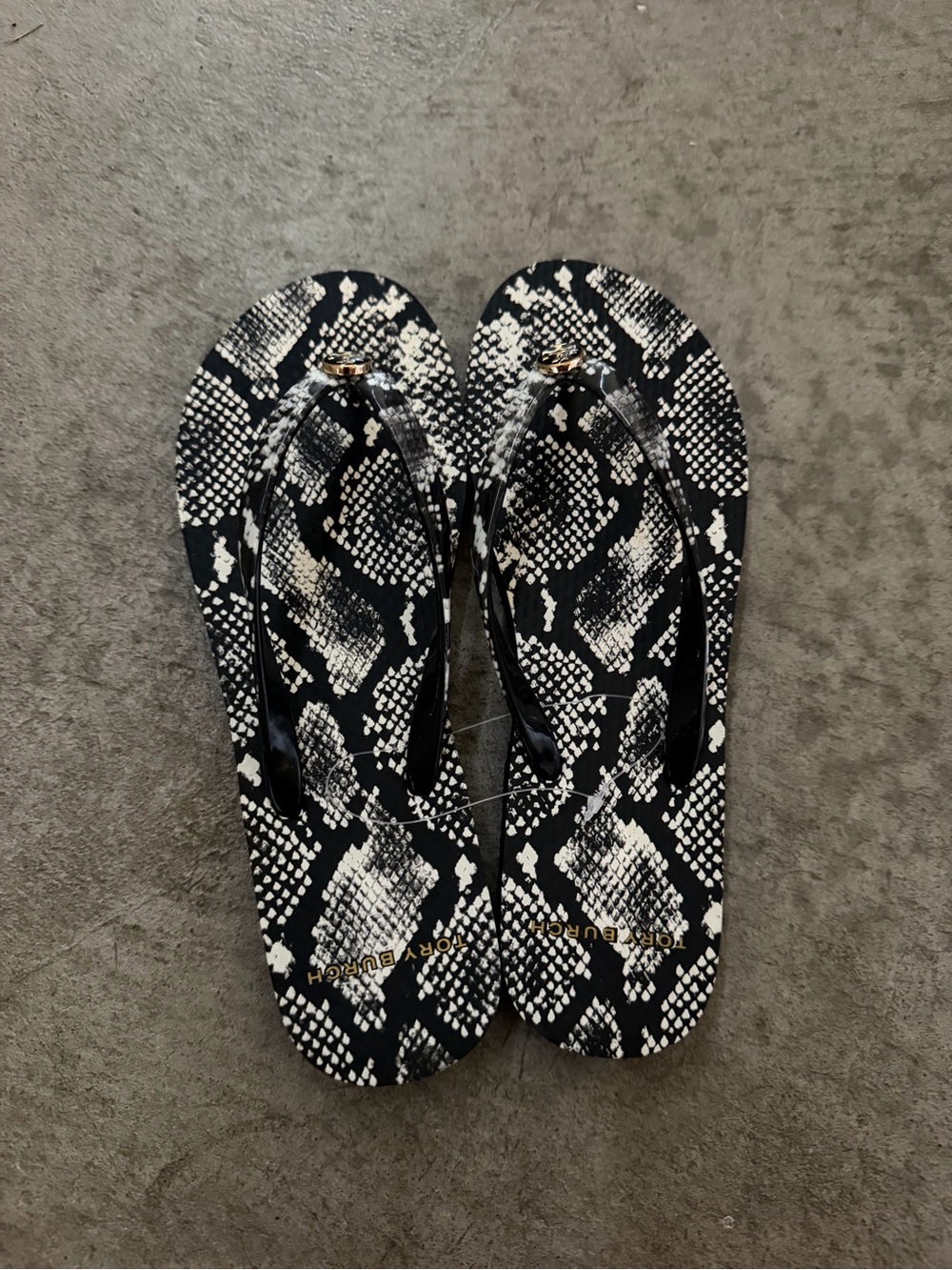 Tory Burch Black and White Snake-Print Thong Sandals